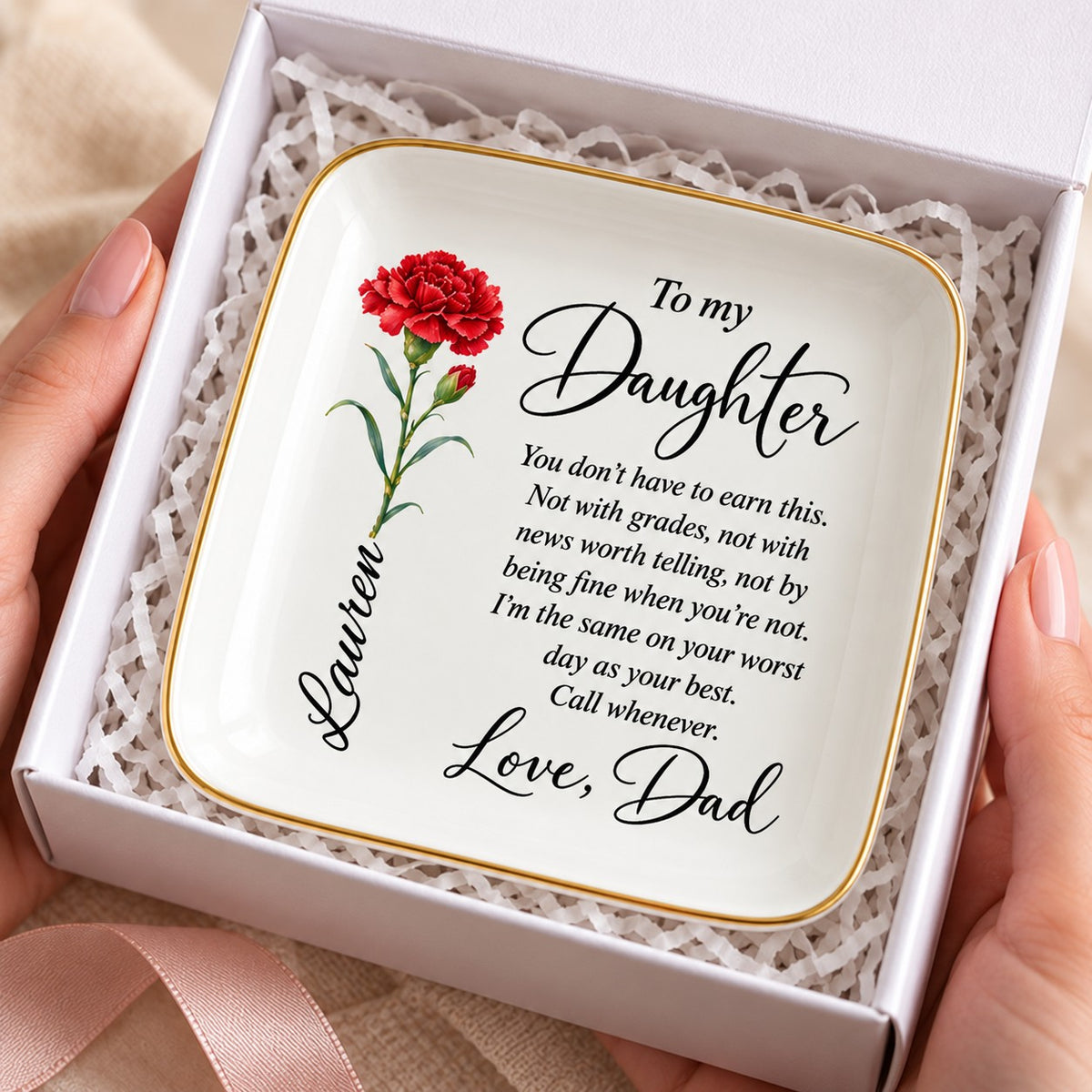 Birth flower jewelry dish arriving in a gift box ready to give
