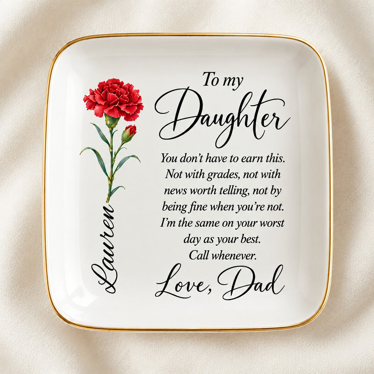 Personalized birth flower jewelry dish for daughter on ivory linen