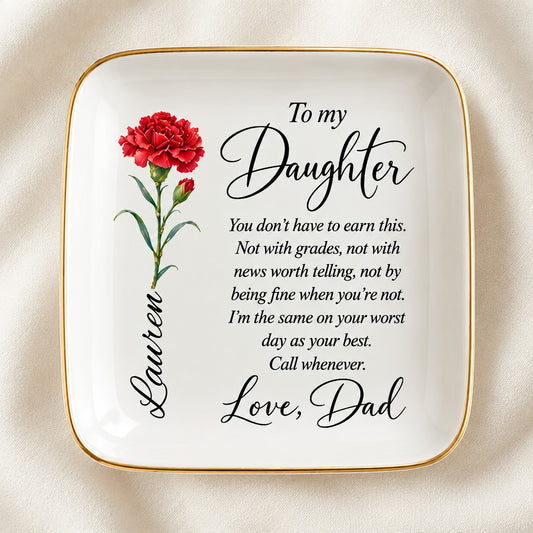 Personalized birth flower jewelry dish for daughter on ivory linen