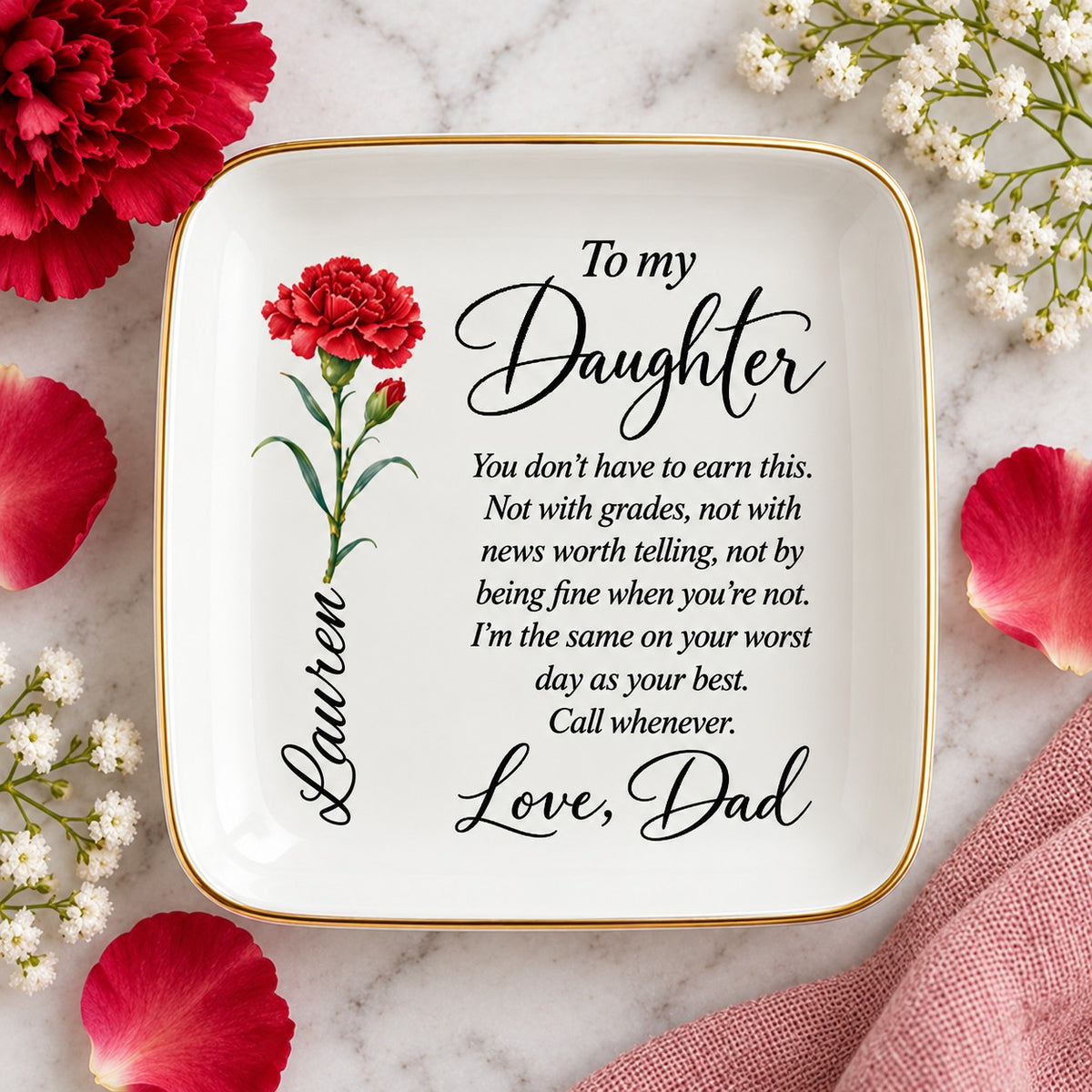 Birth flower jewelry dish styled with rings and dried florals