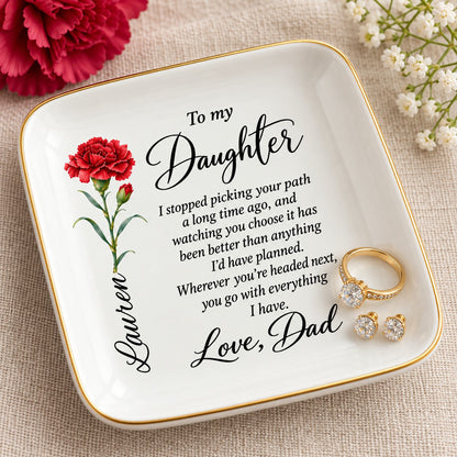 Ring resting in the personalized keepsake jewelry dish