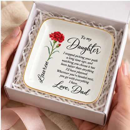 Birth flower jewelry dish arriving in a gift box ready to give