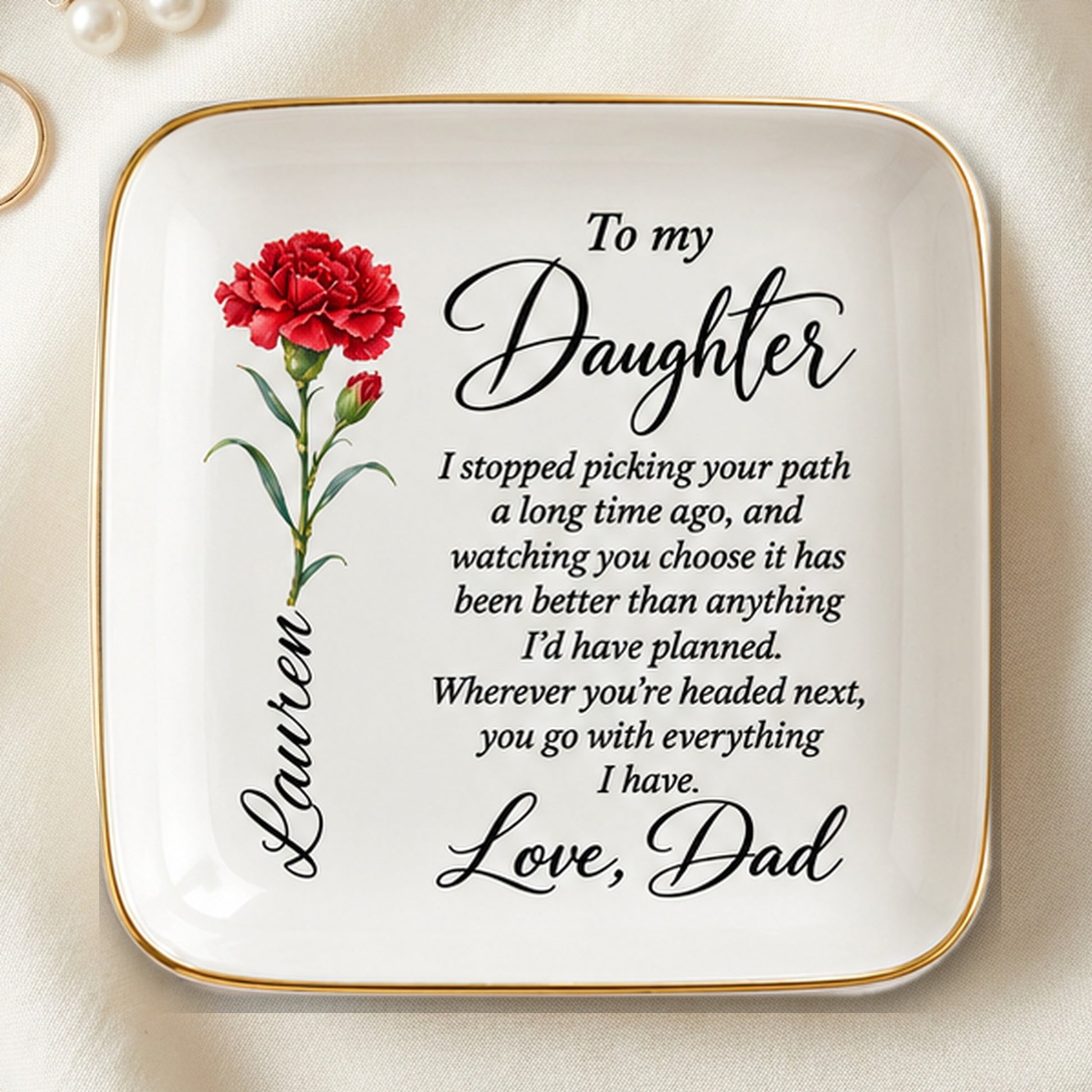 Personalized birth flower jewelry dish for daughter on ivory linen