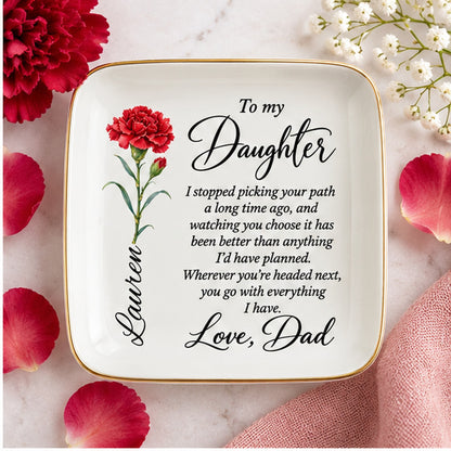 Birth flower jewelry dish styled with rings and dried florals