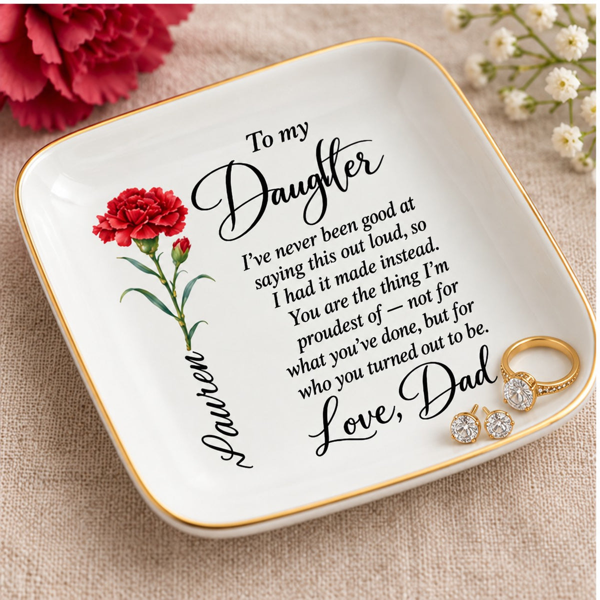 Ring resting in the personalized keepsake jewelry dish