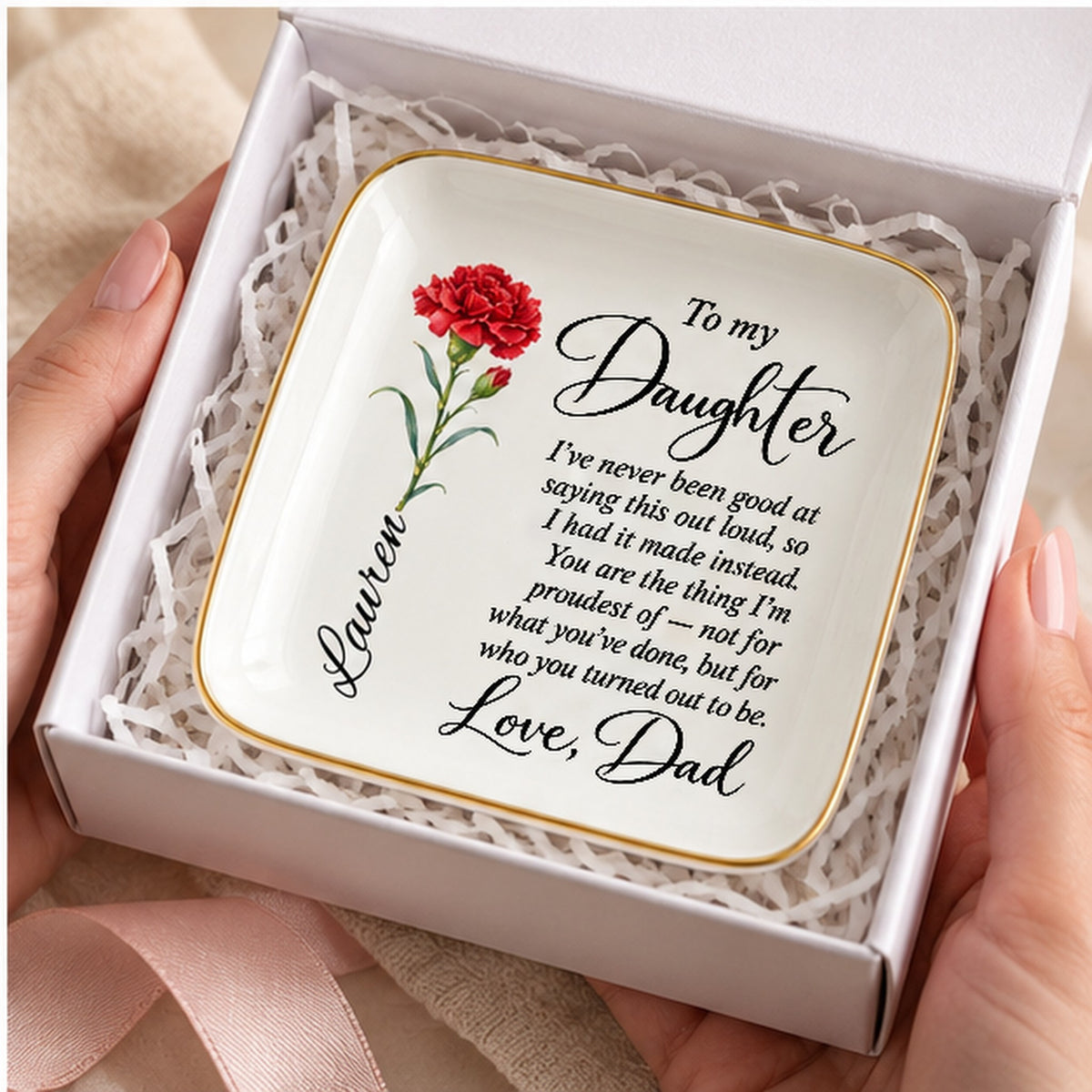 Birth flower jewelry dish arriving in a gift box ready to give