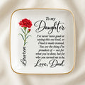 Personalized birth flower jewelry dish for daughter on ivory linen