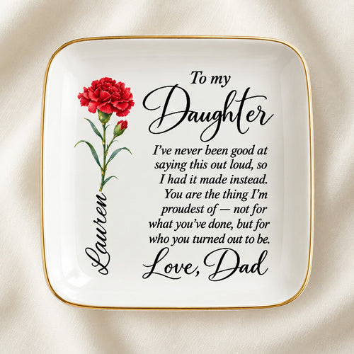 Personalized birth flower jewelry dish for daughter on ivory linen