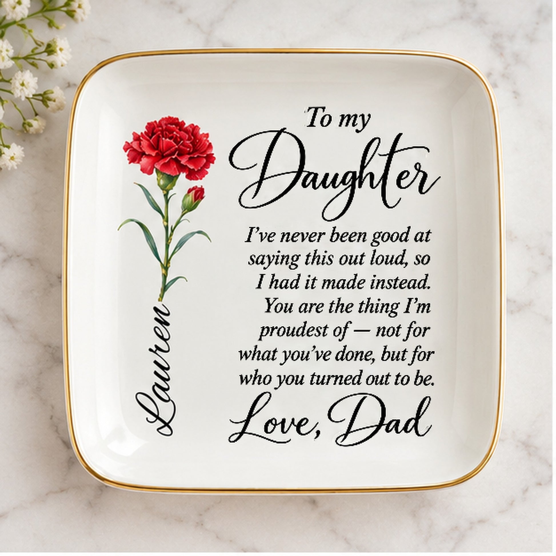 Personalized jewelry dish photographed on marble
