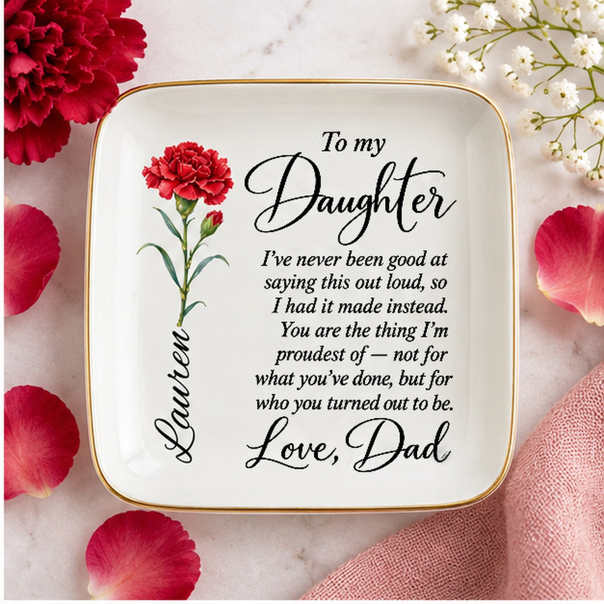 Birth flower jewelry dish styled with rings and dried florals