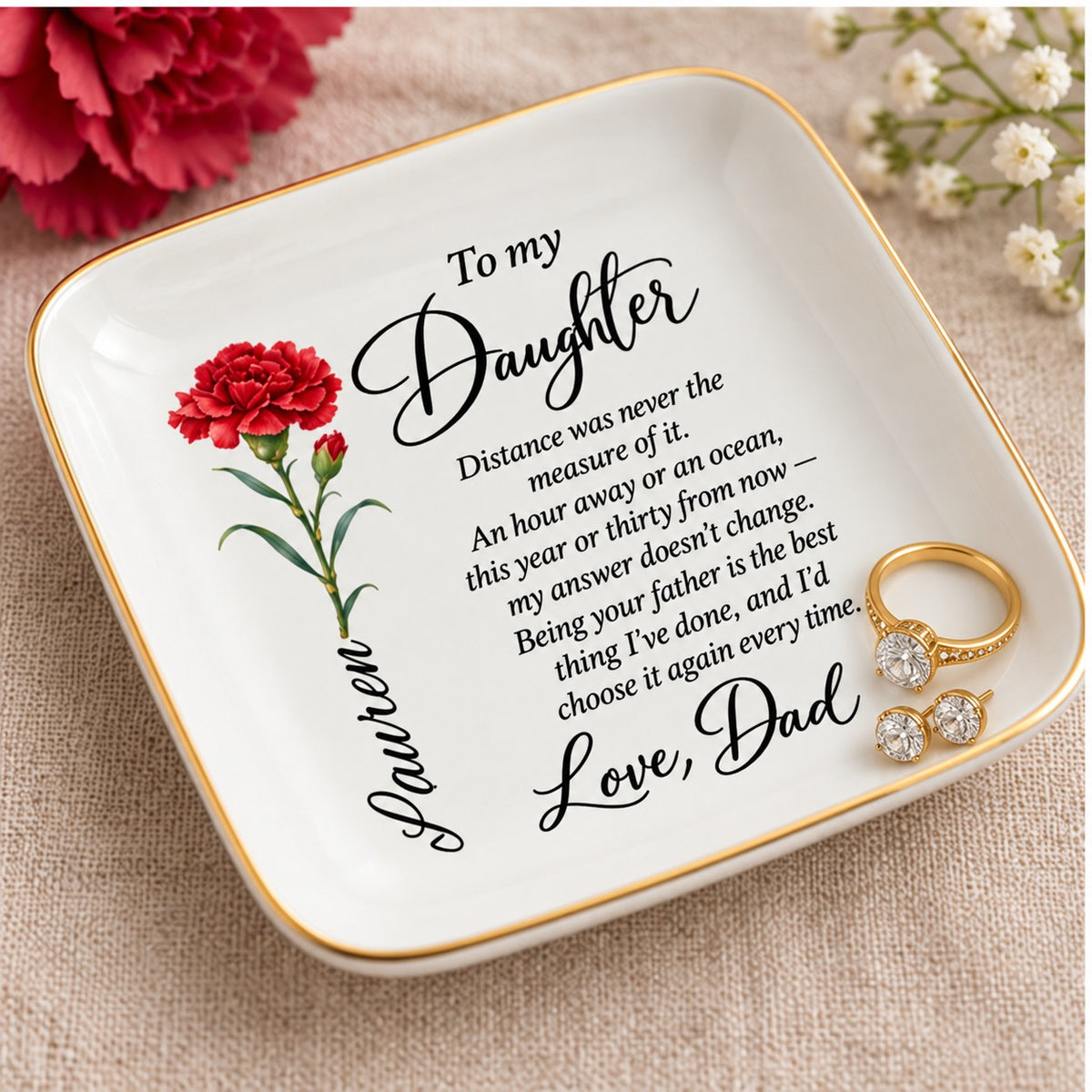 Ring resting in the personalized keepsake jewelry dish