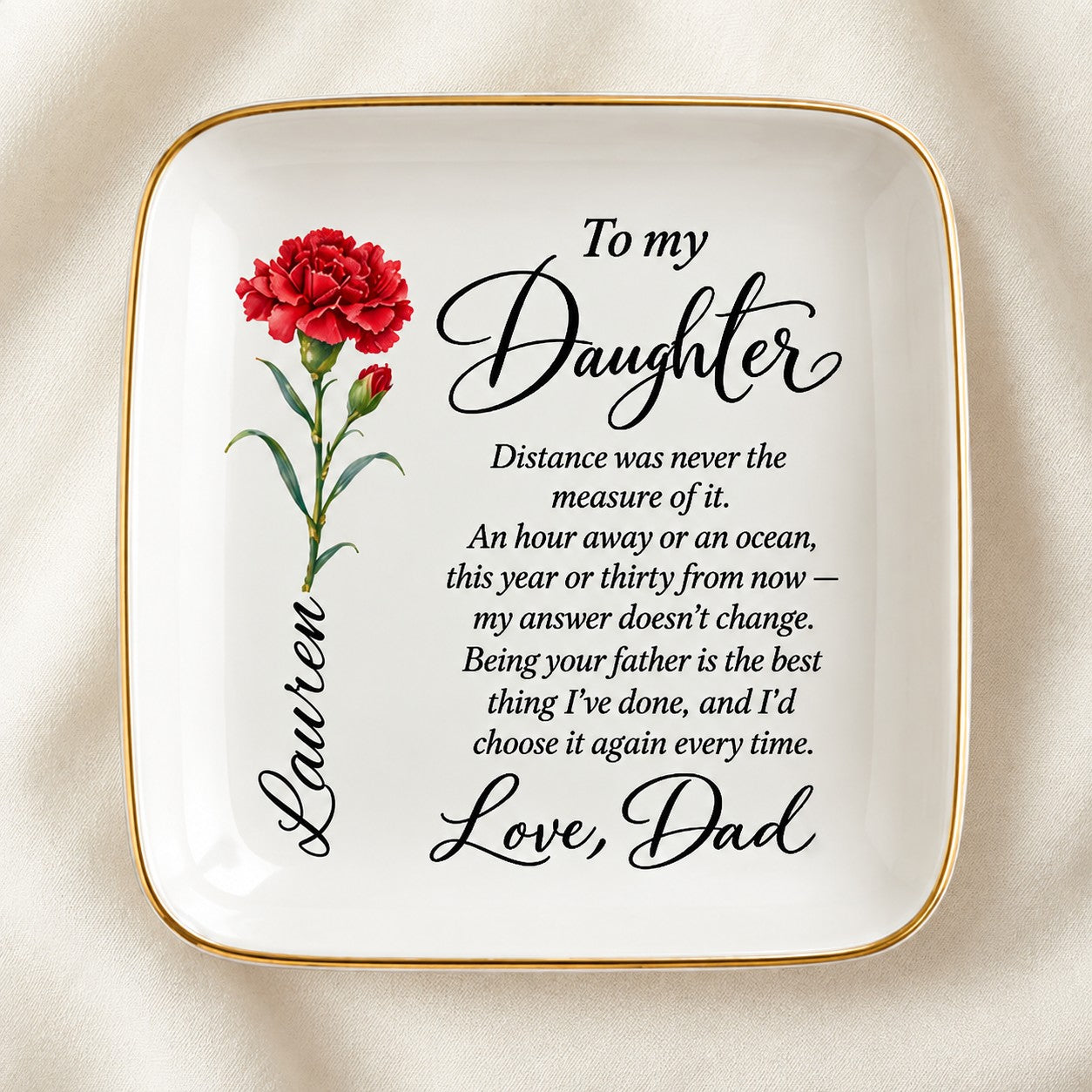 Personalized birth flower jewelry dish for daughter on ivory linen