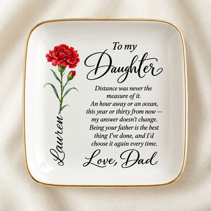 Personalized birth flower jewelry dish for daughter on ivory linen
