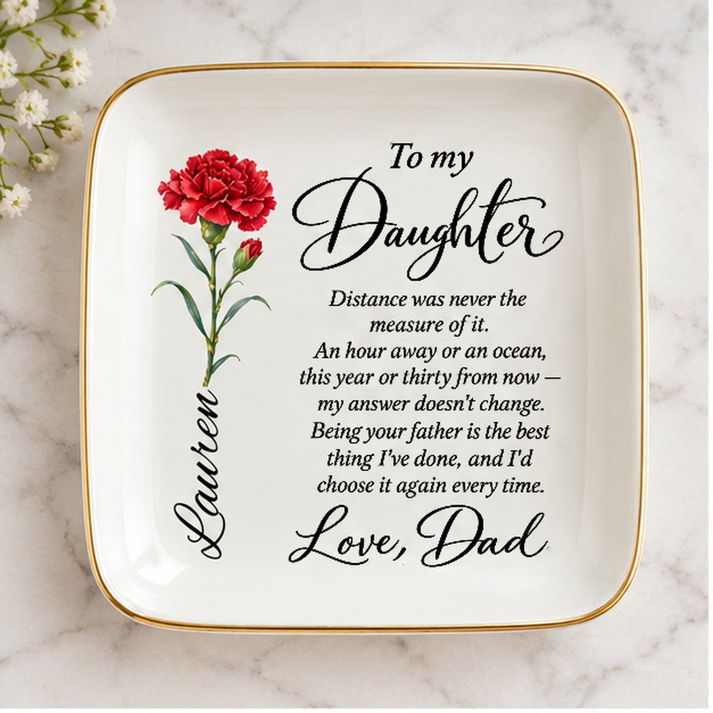Personalized jewelry dish photographed on marble