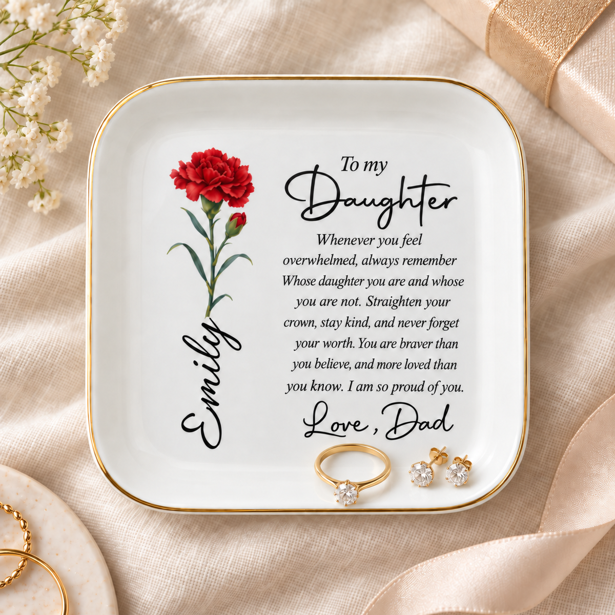 To My Daughter Personalized Birth Flower Jewelry Dish – Custom Name Gift from Dad
