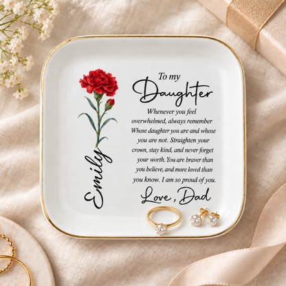 To My Daughter Personalized Birth Flower Jewelry Dish – Custom Name Gift from Dad