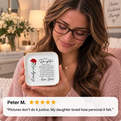 To My Daughter Personalized Birth Flower Jewelry Dish – Custom Name Gift from Dad