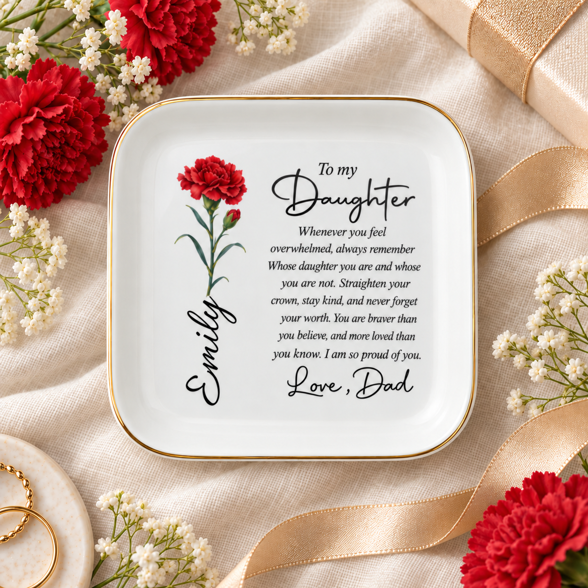 To My Daughter Personalized Birth Flower Jewelry Dish – Custom Name Gift from Dad