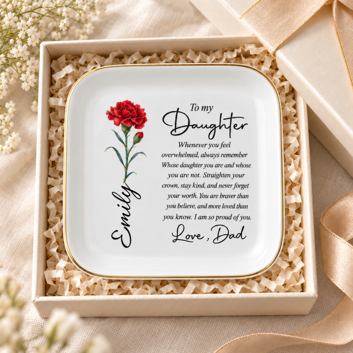 To My Daughter Personalized Birth Flower Jewelry Dish – Custom Name Gift from Dad