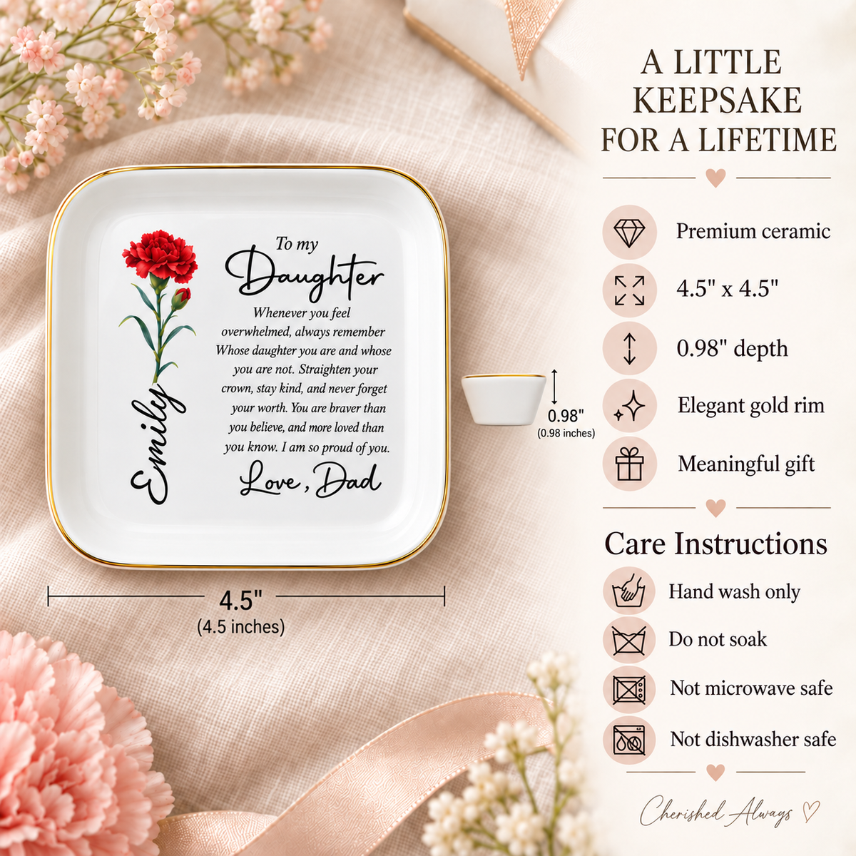 To My Daughter Personalized Birth Flower Jewelry Dish – Custom Name Gift from Dad