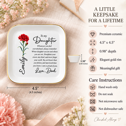 To My Daughter Personalized Birth Flower Jewelry Dish – Custom Name Gift from Dad