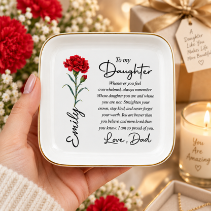 To My Daughter Personalized Birth Flower Jewelry Dish – Custom Name Gift from Dad
