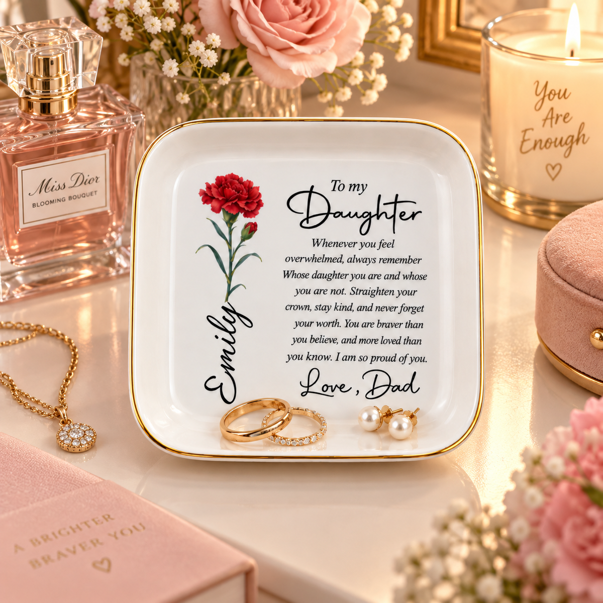 To My Daughter Personalized Birth Flower Jewelry Dish – Custom Name Gift from Dad