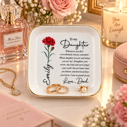 To My Daughter Personalized Birth Flower Jewelry Dish – Custom Name Gift from Dad