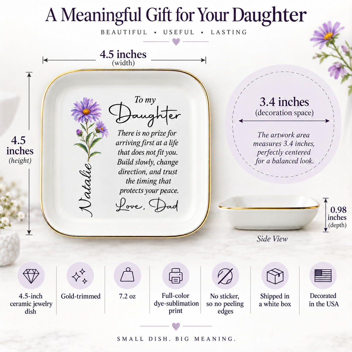 Jewelry dish product details: 4.5 inch ceramic, gold-trimmed, 3.4 inch decoration space, 0.98 inch depth