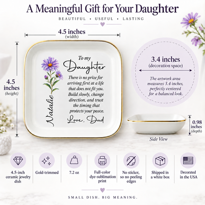 Jewelry dish product details: 4.5 inch ceramic, gold-trimmed, 3.4 inch decoration space, 0.98 inch depth