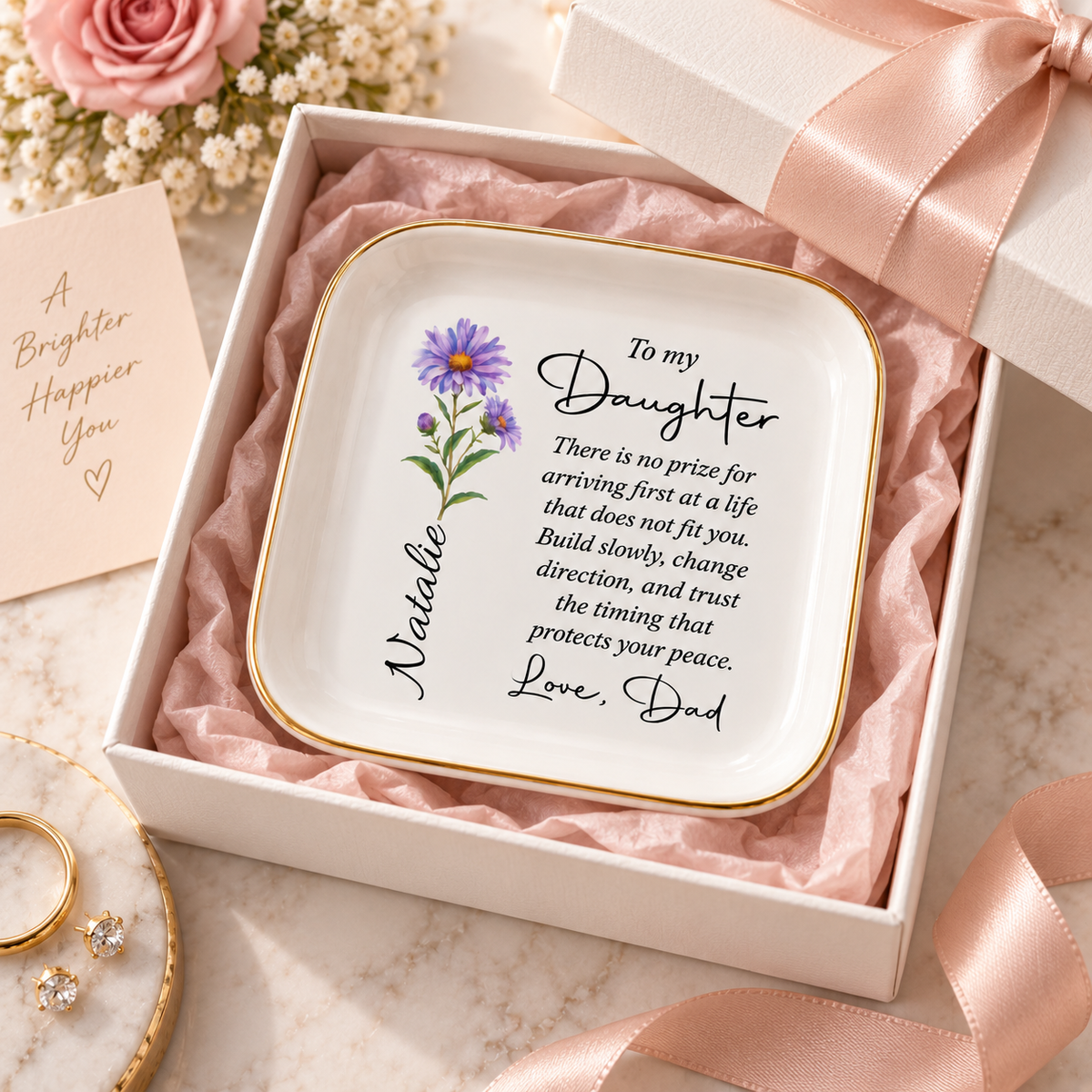 Personalized To My Daughter jewelry dish in gift box, name Natalie with aster, gift from Dad