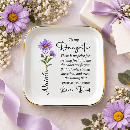 To My Daughter personalized birth flower jewelry dish with name Natalie and aster, gift from Dad
