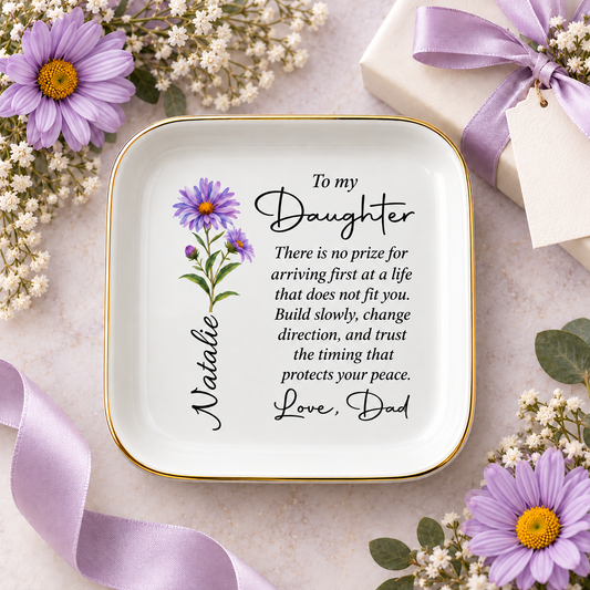 To My Daughter personalized birth flower jewelry dish with name Natalie and aster, gift from Dad