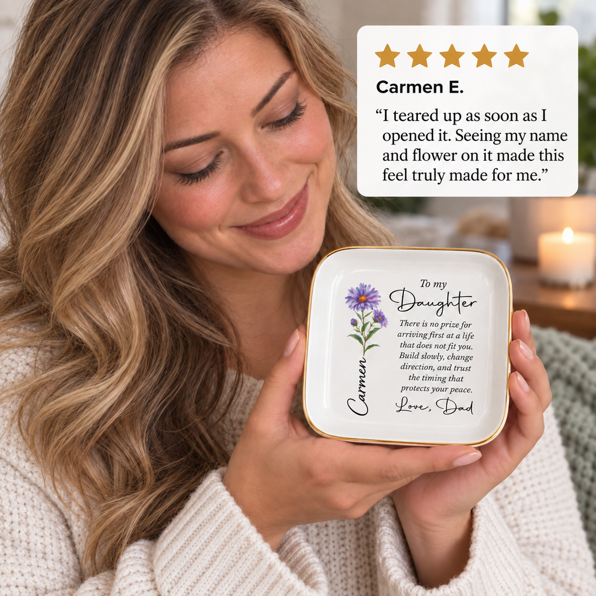 Daughter smiling at personalized To My Daughter jewelry dish gift from Dad, 5-star customer review