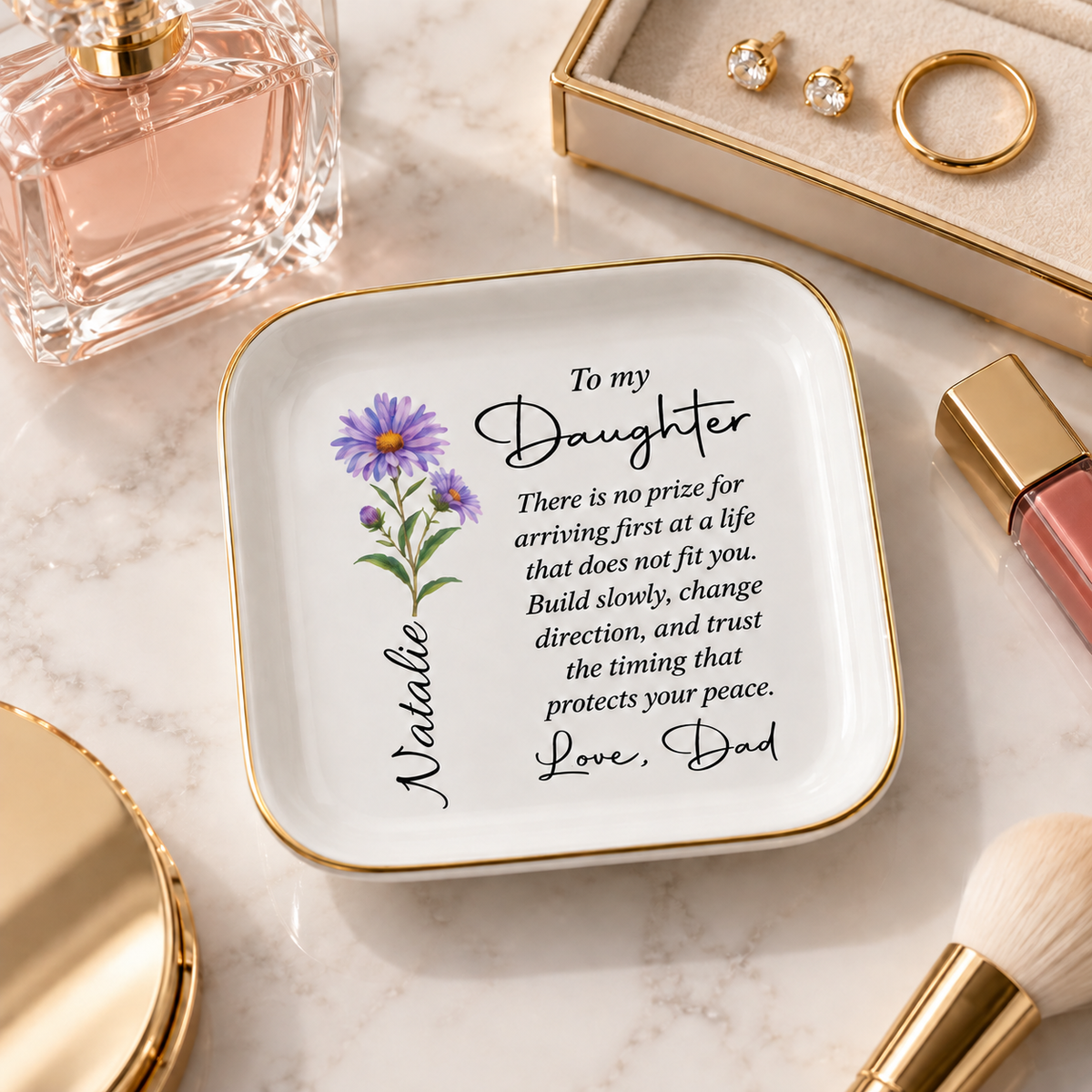 Personalized daughter jewelry dish on vanity with jewelry and makeup