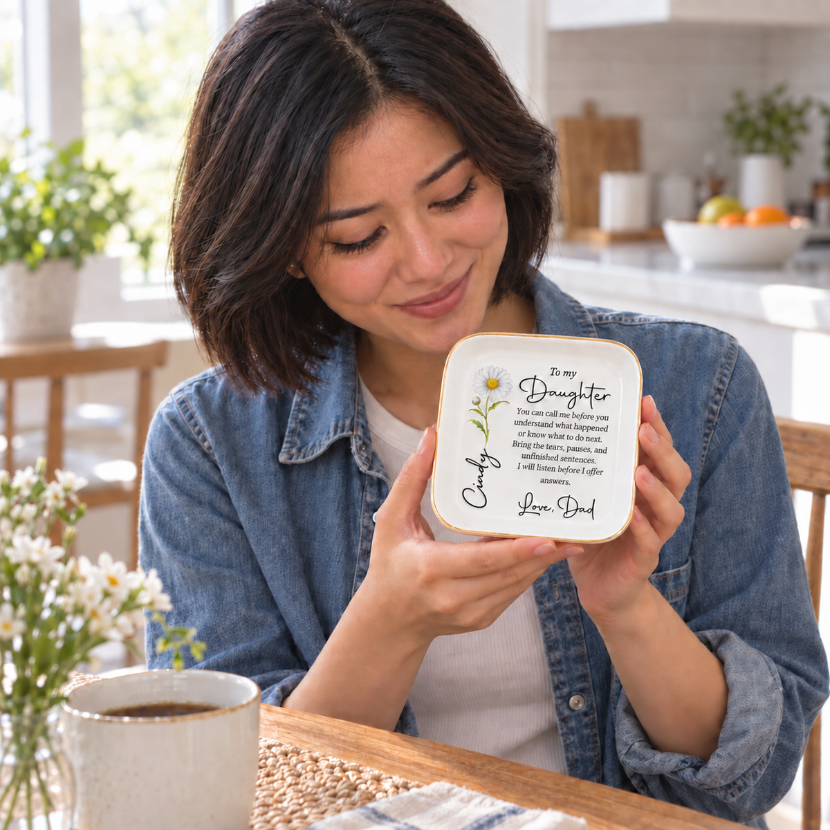 Daughter smiling at her personalized To My Daughter birth flower jewelry dish, gift from Dad