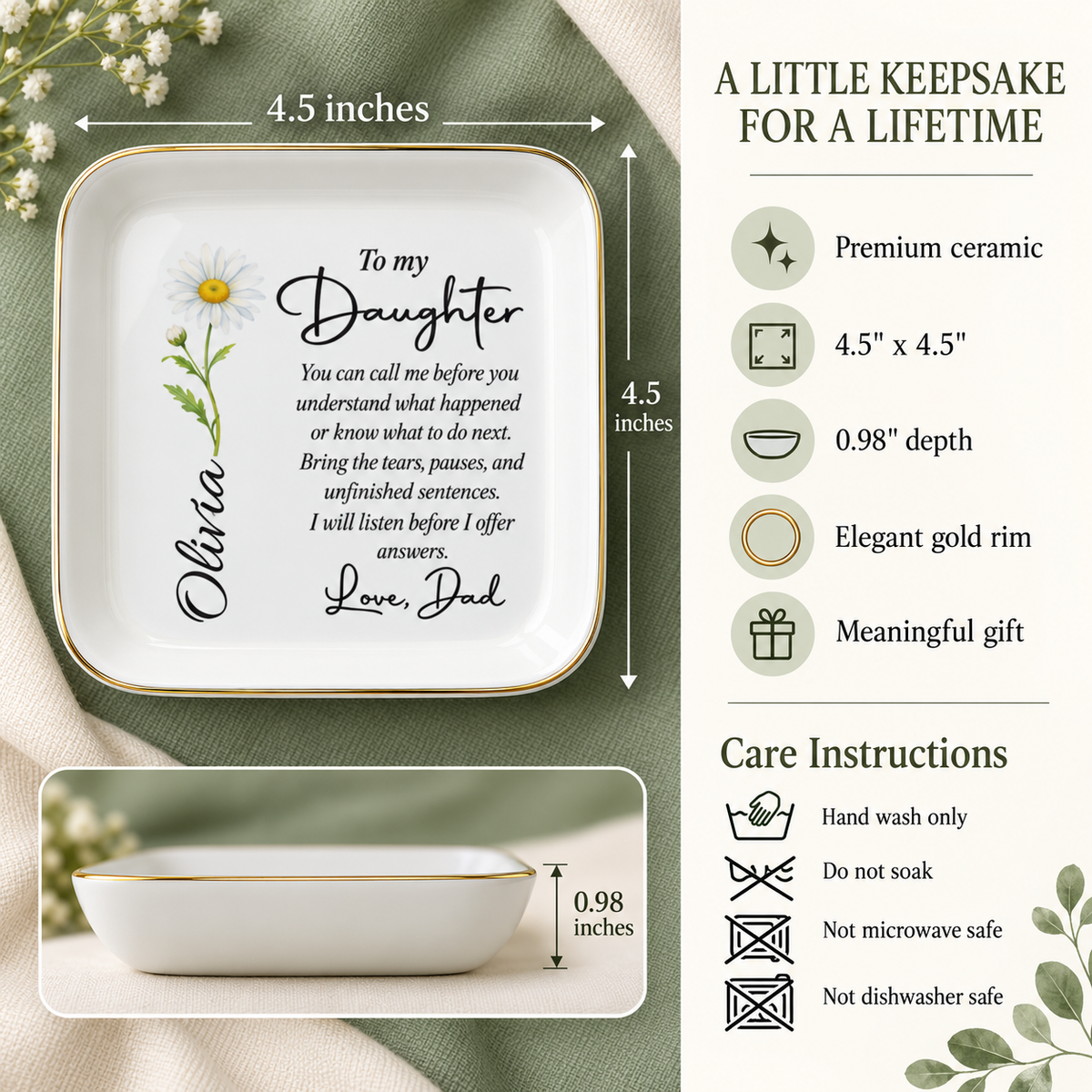 Jewelry dish size and care details: 4.5 inch premium ceramic, 0.98 inch depth, gold rim, hand wash only