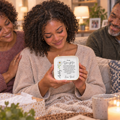 Daughter opening her personalized To My Daughter jewelry dish gift with her mom and dad