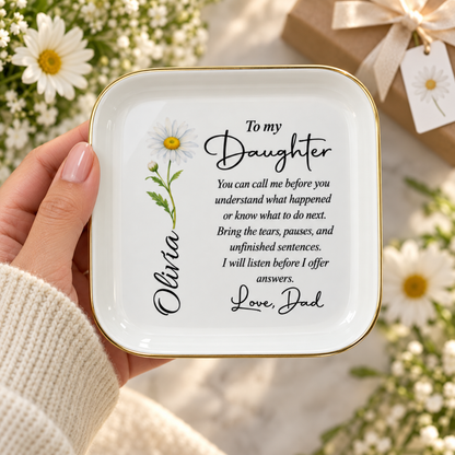Hand holding personalized To My Daughter jewelry dish with birth flower and name