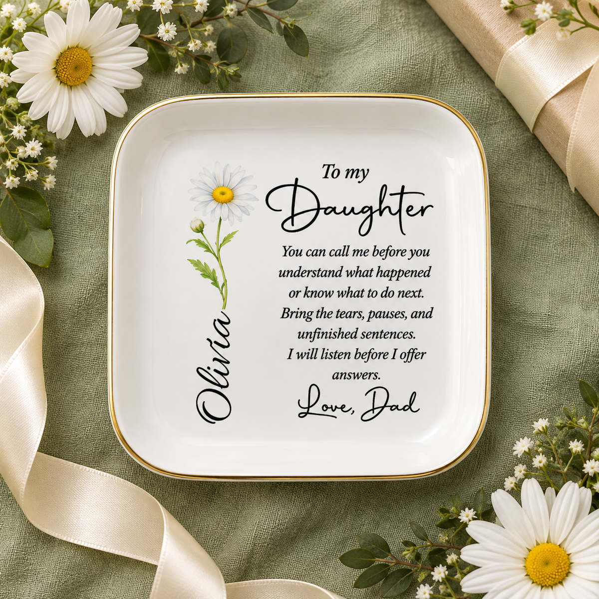 To My Daughter personalized birth flower jewelry dish with name Olivia and daisy, gift from Dad