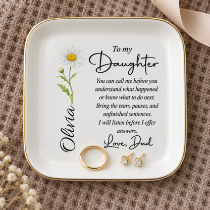 Personalized daughter jewelry dish holding ring and earrings, name Olivia with daisy