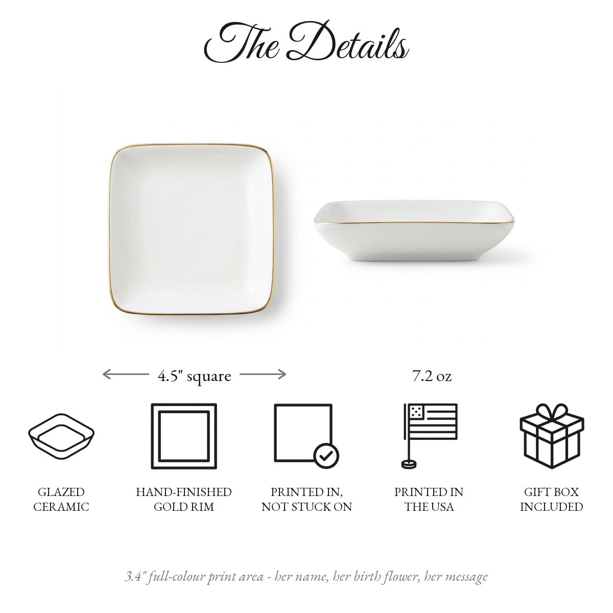 Product details and dimensions: 4.5 inch ceramic jewelry dish