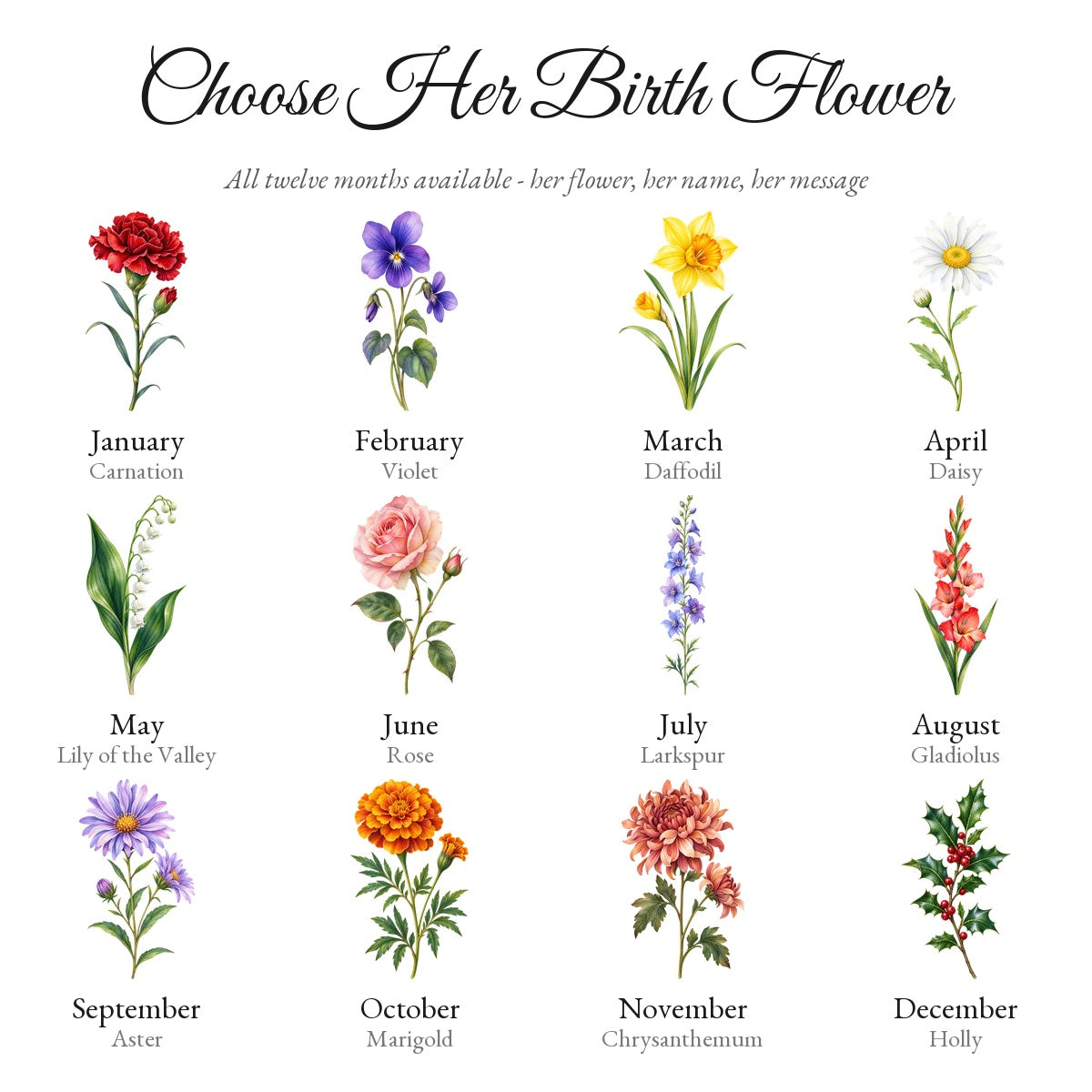 All twelve birth flower options by month