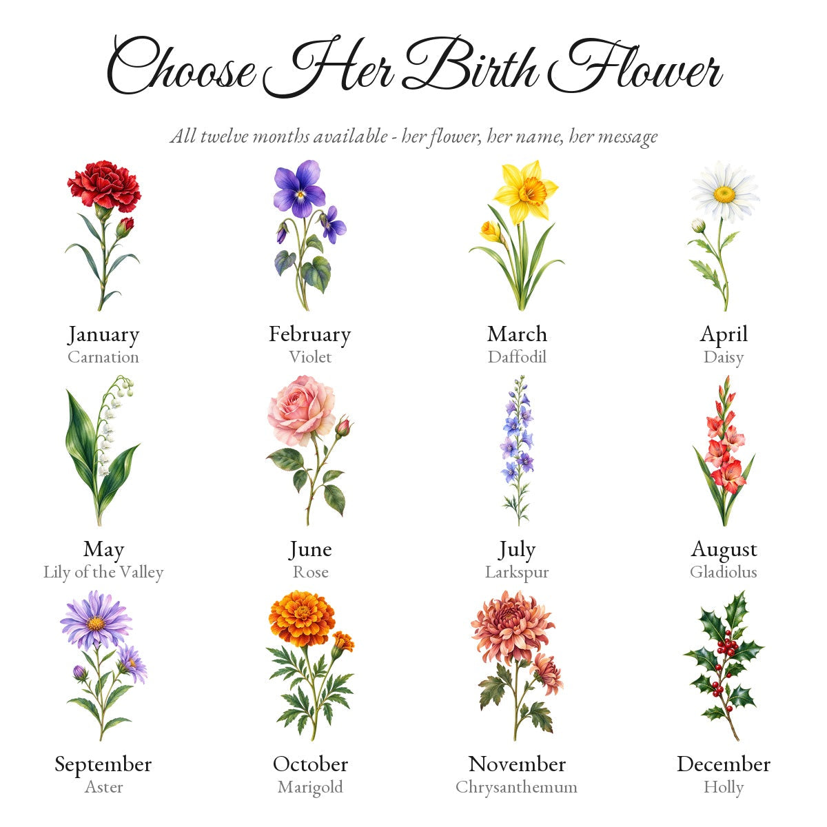 All twelve birth flower options by month