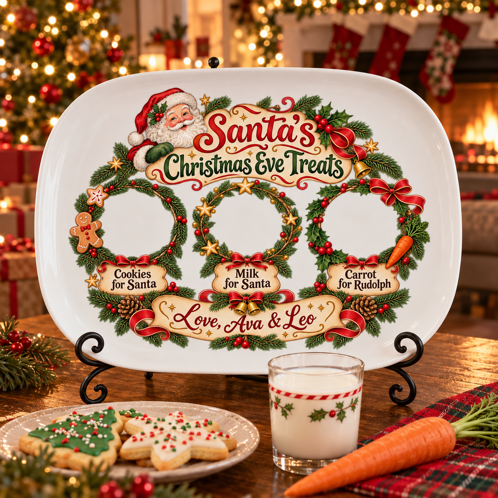 Santa's Christmas Eve Treats personalized platter on a black metal stand by the Christmas tree with milk, cookies and a carrot