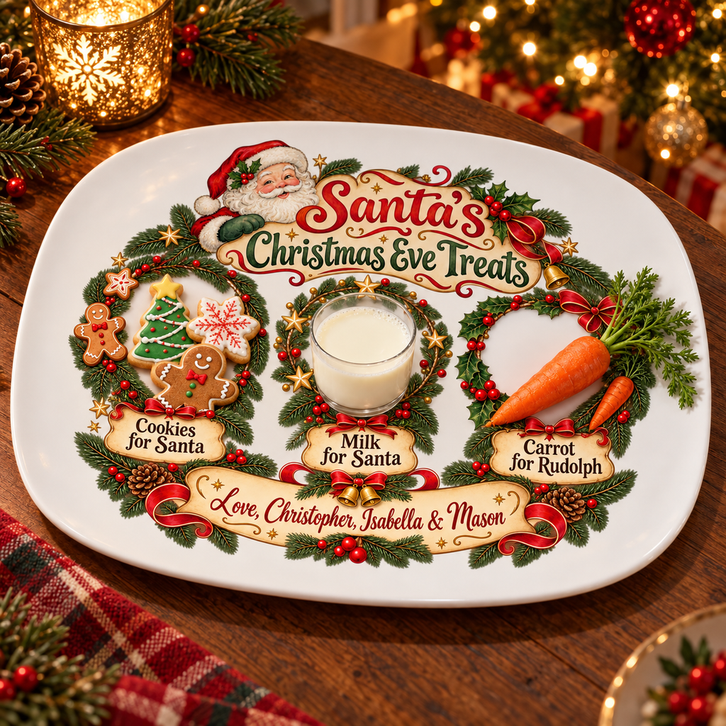 Cookies, milk and a carrot for Rudolph set in the three wreaths of a personalized Santa platter