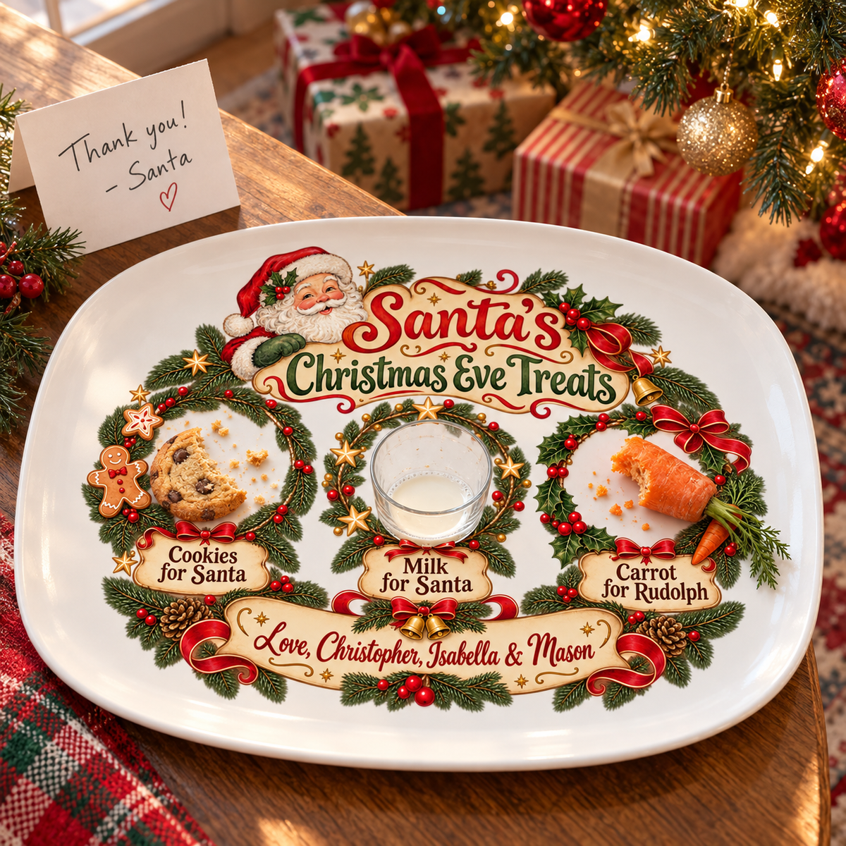 Christmas morning: cookie crumbs, empty milk and a bitten carrot on the Santa platter with a thank-you note from Santa
