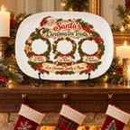 Santa's Christmas Eve Treats platter displayed on a stand on a Christmas mantel with stockings