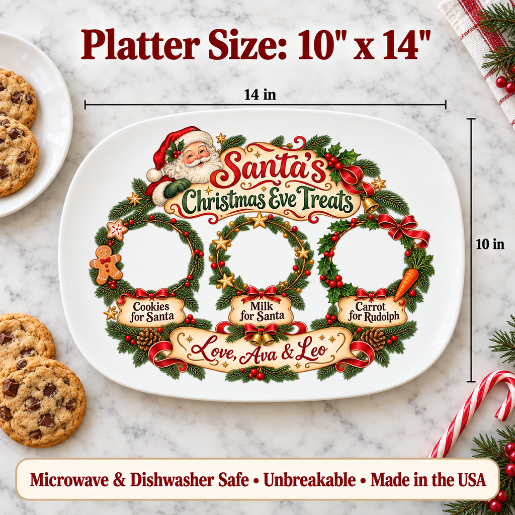Platter size 10 x 14 inches, microwave and dishwasher safe, unbreakable, made in the USA