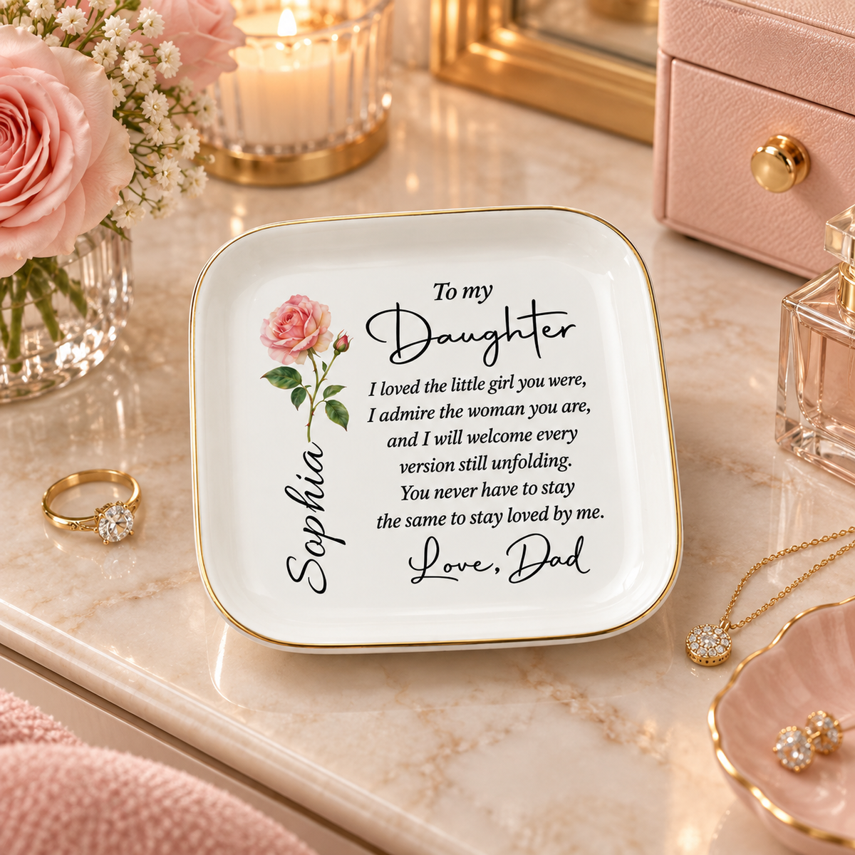Personalized daughter jewelry dish on vanity with rings and necklace